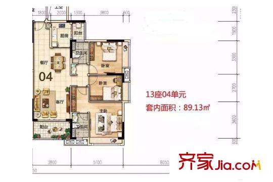 美的翰城13座04單元約89平方米（套內(nèi)）戶型 3室2廳2衛(wèi)1廚