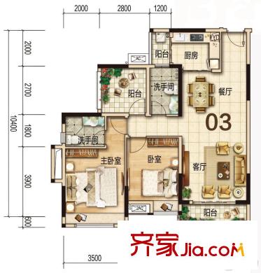 美的翰城10栋03,04户型93.18平方米 3室2厅2卫1厨