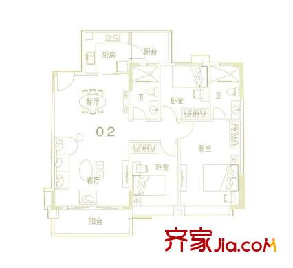 藍(lán)色海岸戶型圖E座二-二十六層02戶型 3室2廳2衛(wèi)