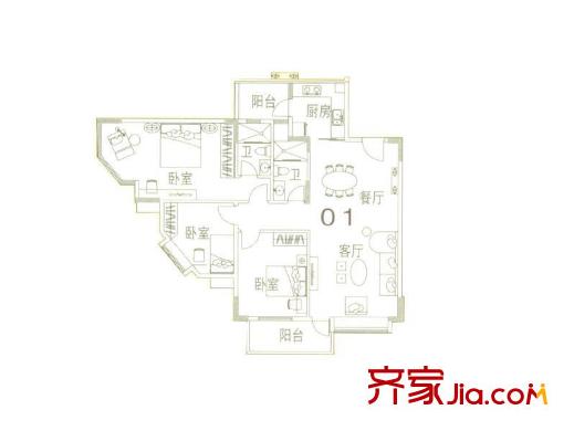藍(lán)色海岸戶型圖D座二-二十六層01戶型 3室2廳2衛(wèi)