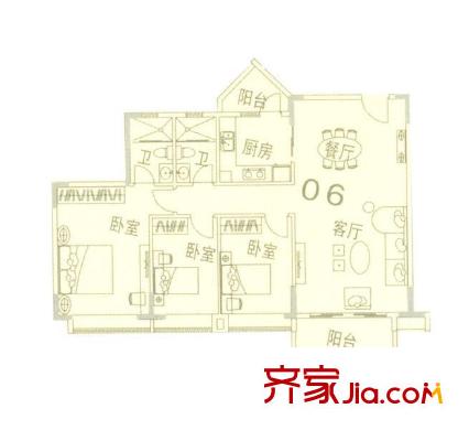 藍(lán)色海岸戶型圖D座二-二十六層06戶型 3室2廳2衛(wèi)