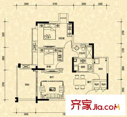 尚觀御園1座01-02單位 2室2廳1衛(wèi)1廚