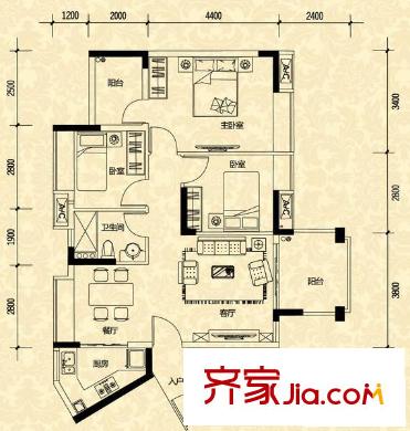 尚觀御園1座03單位 3室2廳1衛(wèi)1廚