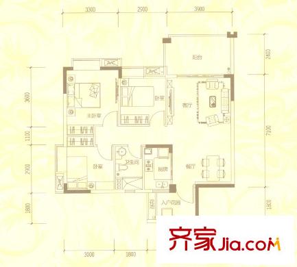 尚觀御園4-14座01-02單位戶型 3室2廳1衛(wèi)1廚