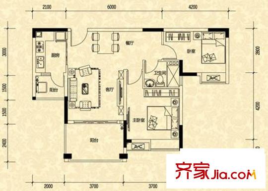 尚觀御園7/8/9/10座02單位 2室2廳1衛(wèi)1廚
