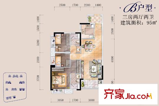 時(shí)代傾城（順德）B戶型6/7/12/13座03、04單元 95平方米 3室2廳2衛(wèi)1廚