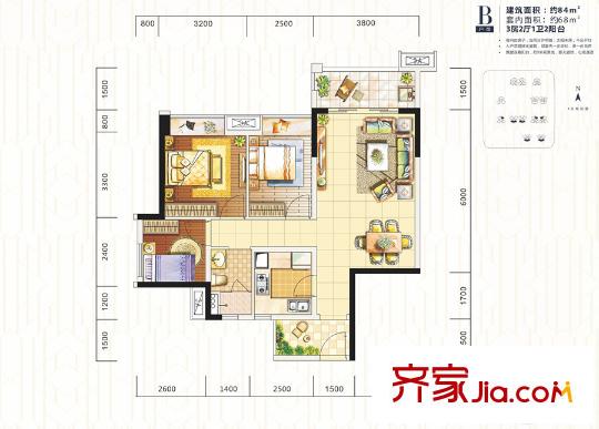 時(shí)代傾城（順德）B戶型 84平方米（建面） 3室2廳1衛(wèi)1廚