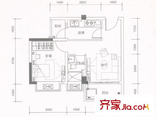 中恒海暉花園9棟03戶型 45平方米 1室1廳1衛(wèi)1廚