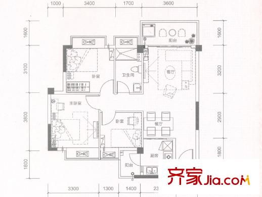 中恒海暉花園9棟04戶型 88平方米 3室2廳1衛(wèi)1廚