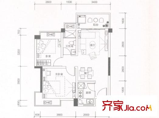 中恒海暉花園8棟04戶型 66平方米 2室2廳1衛(wèi)1廚