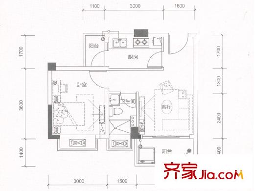 中恒海暉花園8棟03戶型 46平方米 1室1廳1衛(wèi)1廚