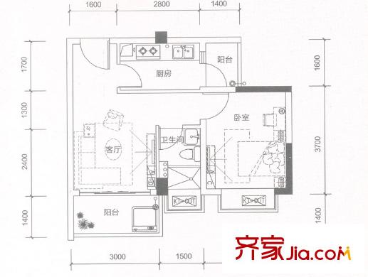 中恒海暉花園8棟02戶型 43平方米 1室1廳1衛(wèi)1廚