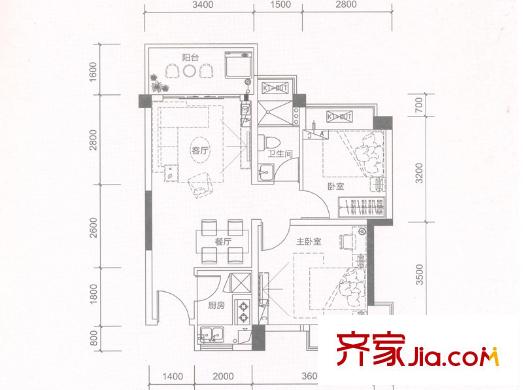 中恒海暉花園9棟01戶型 66平方米 2室2廳1衛(wèi)1廚