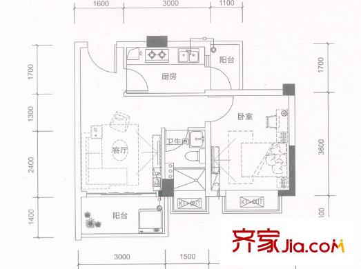 中恒海暉花園9棟02戶型 46平方米 1室1廳1衛(wèi)1廚