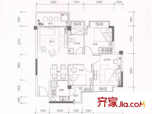 中恒海暉花園8棟01戶型 88平方米 3室2廳1衛(wèi)1廚