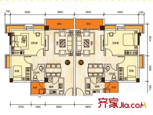 曉峰軒2棟01/02戶型83平方米 2室2廳1衛(wèi)1廚