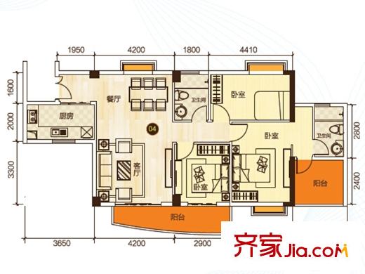 曉峰軒2棟04戶型122平方米 3室2廳2衛(wèi)1廚