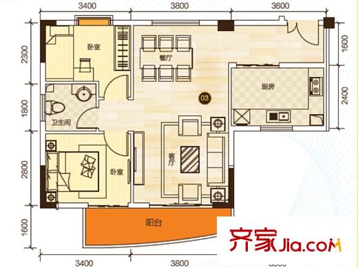 曉峰軒2棟03戶型84平方米 2室2廳1衛(wèi)1廚