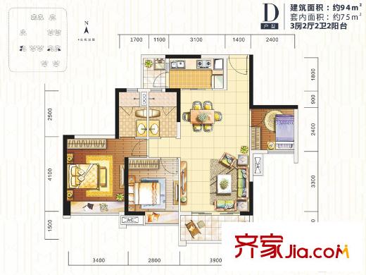 時(shí)代傾城（順德）D戶型 94平方米（建面） 3室2廳2衛(wèi)1廚