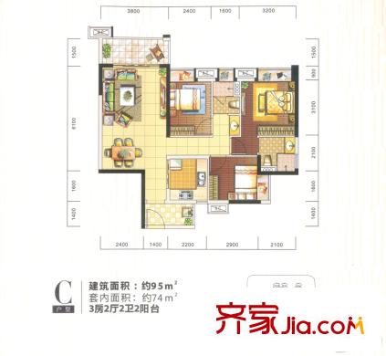 時(shí)代傾城（順德）10座01、11座02單元 C戶型 約74平方米（套內(nèi)） 3室2廳2衛(wèi)1廚