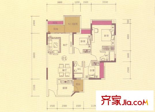 合峰東岸名苑4/5座01戶型 97.9平方米 3室2廳2衛(wèi)1廚