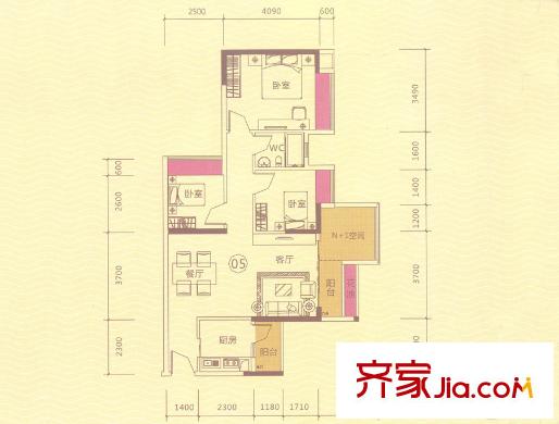 合峰東岸名苑4/5座05戶型 88.7平方米 3室2廳1衛(wèi)1廚