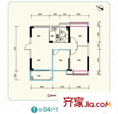 榮基嘉園1棟04戶型87.32平方米 3室2廳2衛(wèi)1廚