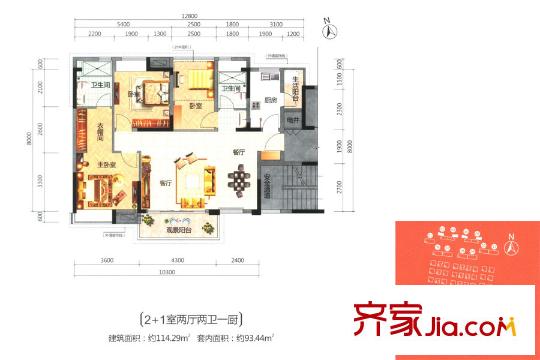 順德華僑城?天鵝湖2/3/3A/5座01戶型套內(nèi)93平方米 3室2廳2衛(wèi)1廚
