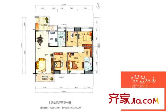 順德華僑城?天鵝湖二期2/3/3A/5座03戶型 套內(nèi)110平方米 4室2廳2衛(wèi)1廚