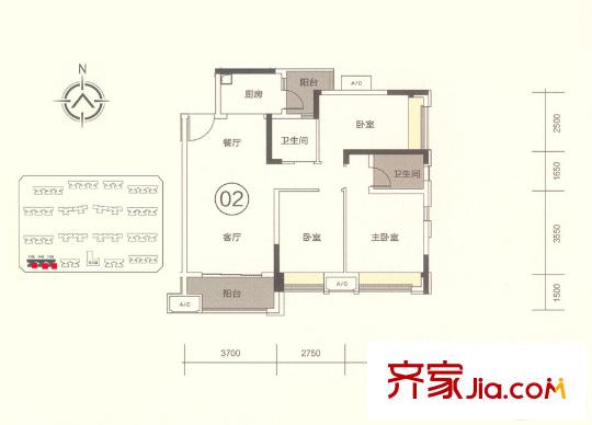 招商?依云華府33/34/35座02單元 約90平方米 3室2廳2衛(wèi)1廚
