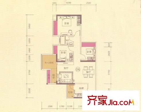 合峰東岸名苑4/5座06戶型 88.5平方米 3室2廳1衛(wèi)1廚
