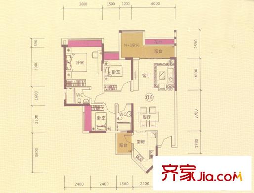 合峰東岸名苑4/5座04戶型 98.7平方米 3室2廳2衛(wèi)1廚