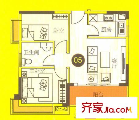 曉峰軒3棟05戶型65平方米 2室2廳1衛(wèi)1廚