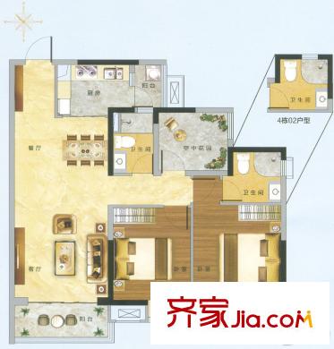 龍湖春江名城《花漾》3-4座01-02單元套內(nèi)80平方米 3室2廳2衛(wèi)1廚