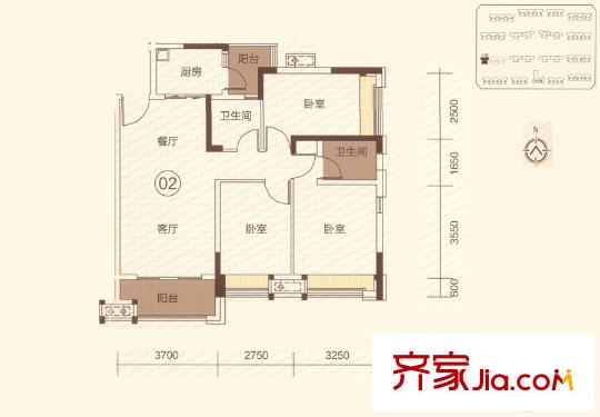 招商?依云華府32座02單元 90平方米 3室2廳2衛(wèi)1廚