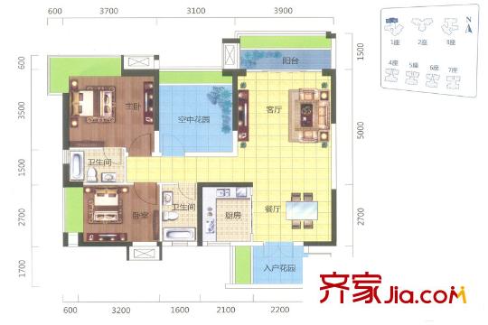 凱旋名門花園1棟01/02單元約91平方米戶型 3室2廳2衛(wèi)1廚