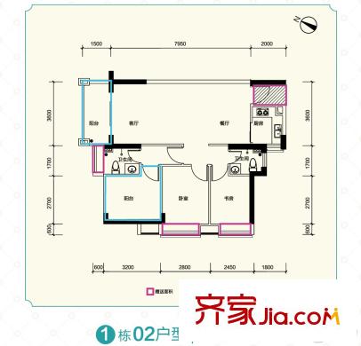榮基嘉園1棟02戶型88.06平方米 3室2廳2衛(wèi)1廚
