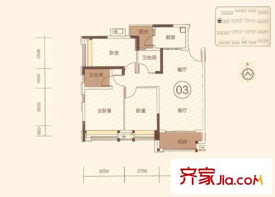 招商?依云華府13座03單元 90平方米 3室2廳2衛(wèi)1廚