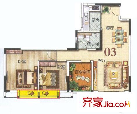 美的?時(shí)代城4棟03、04戶型77平方米 3室2廳1衛(wèi)1廚