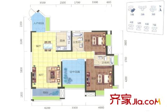 凱旋名門花園1棟04/05單元約116平方米戶型 3室2廳2衛(wèi)1廚