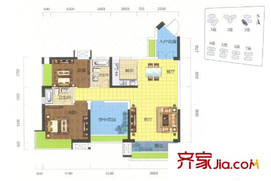 凱旋名門花園3棟04/05單元約91平方米戶型 3室2廳2衛(wèi)1廚