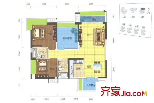 凱旋名門花園3棟01/02單元約91平方米戶型 3室2廳2衛(wèi)1廚