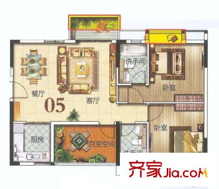 美的?時(shí)代城4棟05戶型86平方米 3室2廳2衛(wèi)1廚