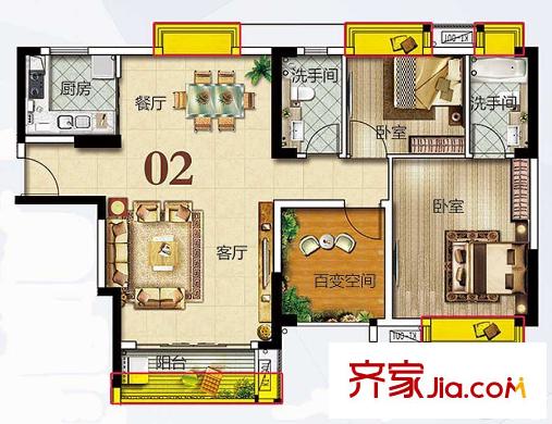 美的?時(shí)代城10棟02戶型89平方米 3室2廳2衛(wèi)1廚