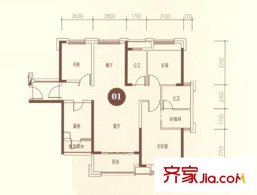 招商依云曦城8-10座01戶型 約126平方米 3室2廳2衛(wèi)1廚