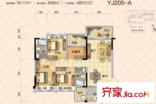 碧桂園?華府（龍江）YJ205A戶型 約117平方米  4室2廳2衛(wèi)1廚