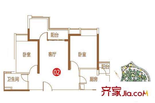保利紫山11棟2梯02戶型 約78平方米 3室2廳2衛(wèi)1廚