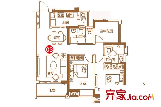 保利紫山5棟2梯03單元 約92平方米 3室2廳2衛(wèi)1廚