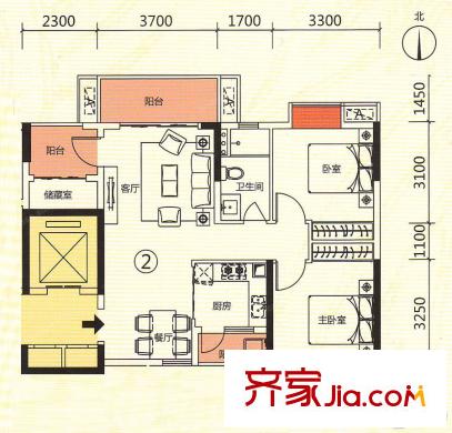 羅村花半里2座02單元 83.97平方米 3室2廳1衛(wèi)1廚