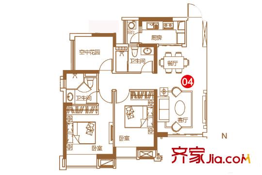 保利紫山5棟2梯04單元 約92平方米 3室2廳2衛(wèi)1廚